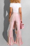 Pinkfarbene, lässige, gestreifte Patchwork-Hose mit Boot-Schnitt und hoher Taille