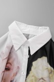 Blanco casual estampado patchwork cuello camisero manga larga dos piezas