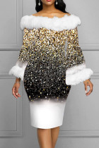 Vestidos saia única com estampa dourada elegante patchwork penas ombro a ombro