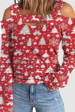 Christmas Tree Casual Print Hollowed Out Patchwork Square Collar Tops