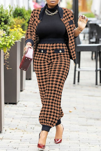 Khaki Fashion Casual Print Patchwork Long Sleeve Two Pieces