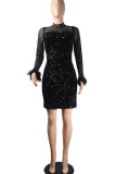 Black Sexy Solid Sequins Patchwork Feathers O Neck Pencil Skirt Dresses
