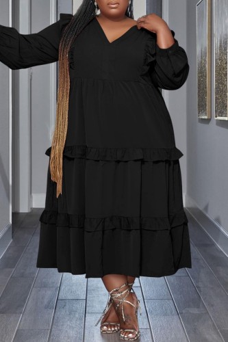 Black Casual Solid Patchwork V Neck Long Sleeve Plus Size Dresses
