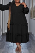 Черные повседневные однотонные лоскутные платья больших размеров с V-образным вырезом и длинным рукавом