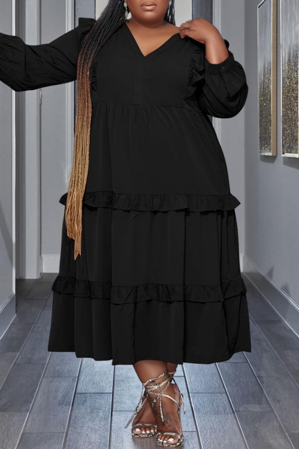 Zwart Casual Solid Patchwork V-hals Lange mouw Grote maten jurken