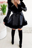 Black Sexy Solid Bandage Patchwork Feathers Hooded Collar Outerwear