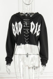 Black Casual Letter Print Patchwork Chains Hooded Collar Tops