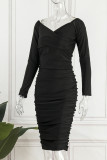 黒のセクシーなソリッドパッチワークVネックワンステップスカートドレス