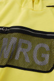 Gele casual print patchwork mesh tops met capuchon en kraag