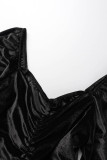 ブラック セクシー カジュアル ソリッド パッチワーク フォールド スクエア カラー ロング スリーブ ドレス