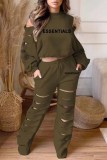 Olive Green Casual Letter Print Hollowed Out O Neck Long Sleeve Two Pieces