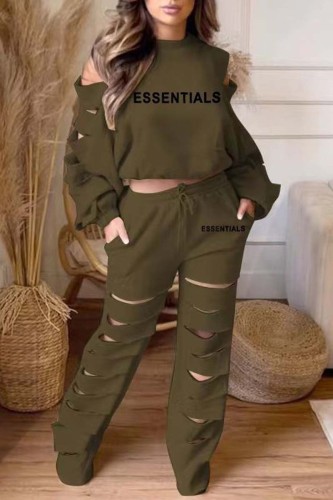 Olive Green Casual Letter Print Hollowed Out O Neck Long Sleeve Two Pieces
