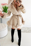 Apricot Sexy Solid Bandage Patchwork Feathers Hooded Collar Outerwear