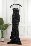 Patchwork formel noir sexy évidé paillettes dos nu robes de soirée sans bretelles