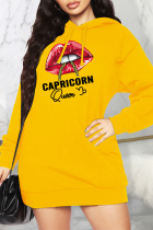 Yellow Casual Lips Printed Patchwork Hooded Collar Straight Dresses