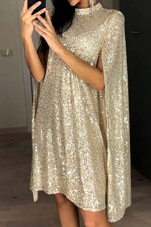 Gouden elegante effen pailletten patchwork halve coltrui rechte jurken