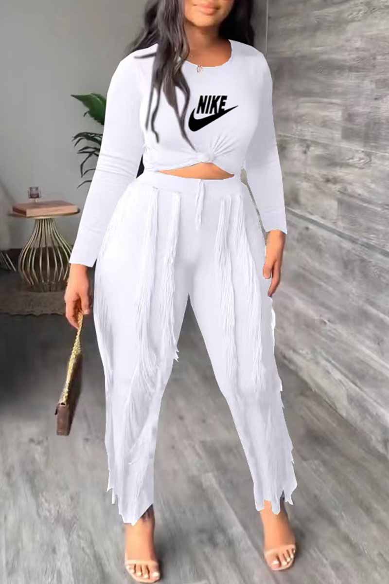 

White Casual Print Tassel Letter O Neck Long Sleeve Two Pieces