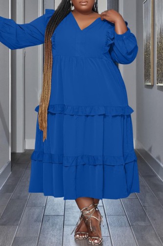 Blue Casual Solid Patchwork V Neck Long Sleeve Plus Size Dresses