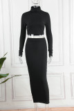 Black Sexy Solid Basic Turtleneck Long Sleeve Two Pieces