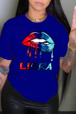 T-shirts bleu marine Street Basis Lips imprimé patchwork lettre O cou