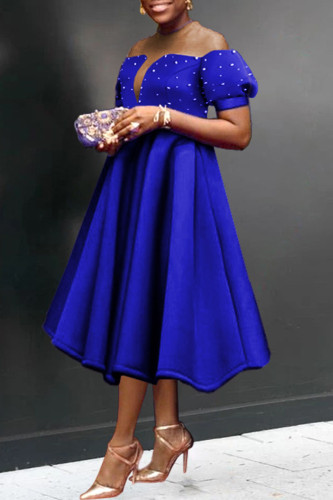Blue Sexy Elegant Solid Patchwork Beading O Neck A Line Dresses