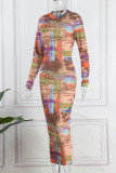 Robes multicolores à manches longues à col rond et à imprimé décontracté