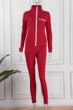 Rouge Sportswear Imprimé Lettre Fermeture Éclair Col Manches Longues Deux Pièces
