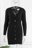 Vestidos de manga comprida preto casual patchwork sólido decote em v