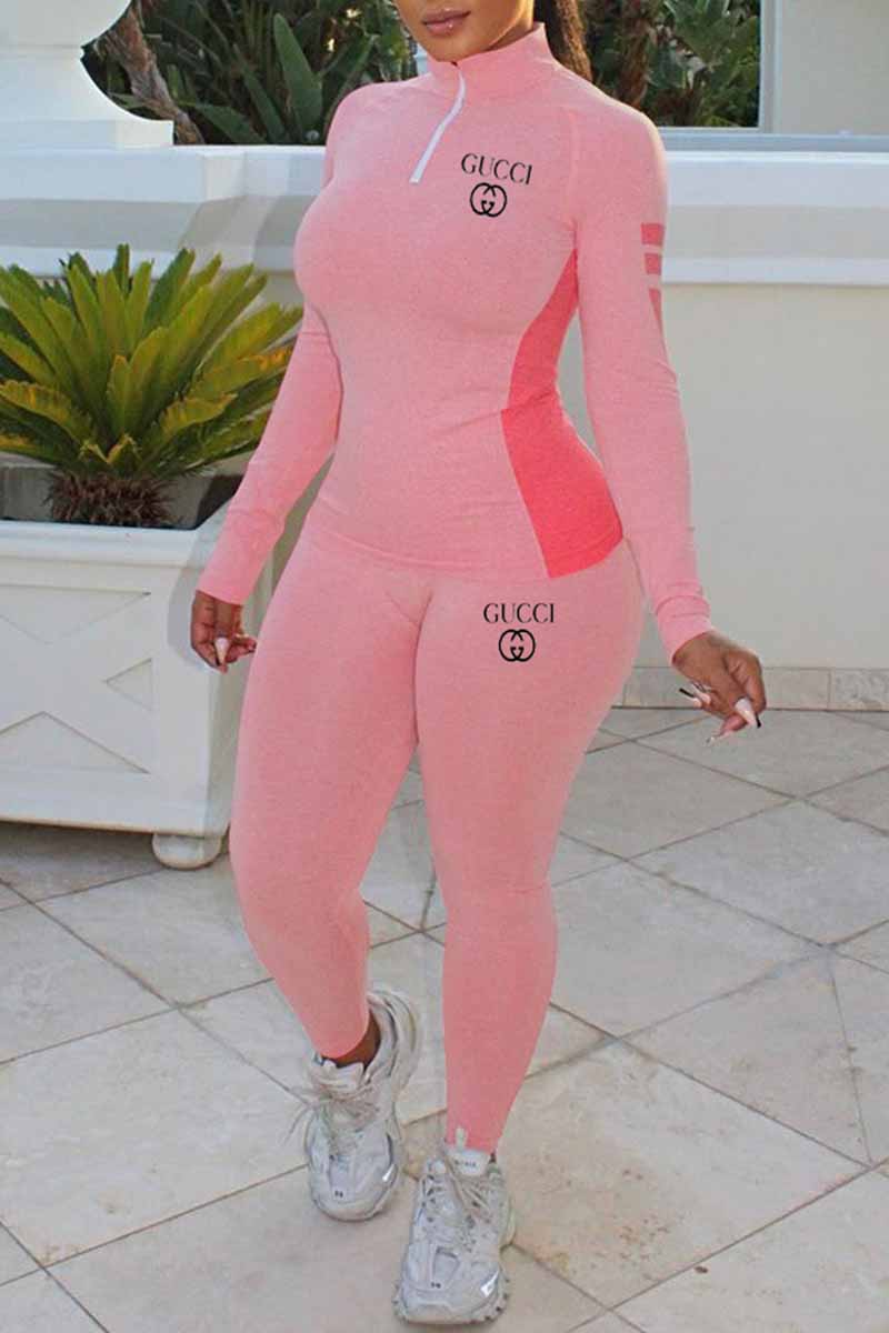 

Pink Casual Print Letter Zipper Collar Long Sleeve Two Pieces