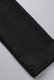 Negro sexy sólido básico cuello alto manga larga dos piezas