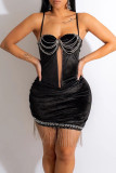 黒のセクシーなソリッド タッセル パッチワーク シースルー ホット ドリル スパゲッティ ストラップ ペンシル スカート ドレス