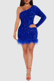 Синий сексуальный сплошной блестки пэчворк перья косой воротник юбка-карандаш платья