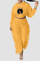 Желтый Повседневный Воротник с капюшоном и кисточками с принтом Пэчворк Длинный рукав Из двух частей