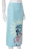 Falda estampado casual con abertura regular de cintura alta estampado de posicionamiento convencional azul claro