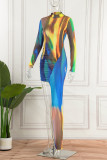 Vestidos coloridos com estampa sexy patchwork assimétrico meia gola alta vestidos irregulares