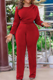 Red Casual Solid Bandage Patchwork Fold O Neck Straight Jumpsuits