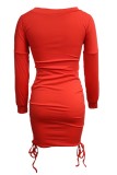 Rote, lässige, bedruckte, langärmlige Kleider mit Frenulum-O-Ausschnitt und Kordelzug