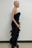 Grijze sexy formele patchwork pailletten veren backless strapless avondjurk jurken