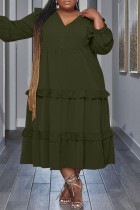 アーミーグリーン カジュアル ソリッド パッチワーク Vネック ロングスリーブ プラスサイズ ドレス