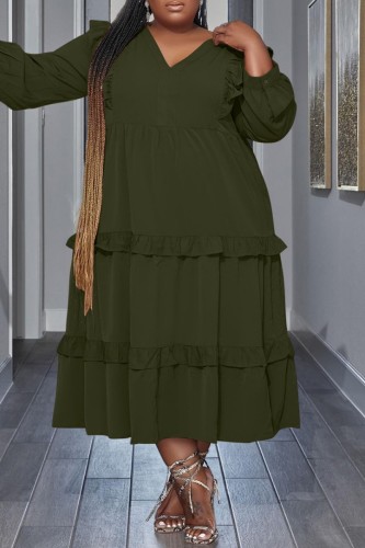 Army Green Casual Solid Patchwork V Neck Long Sleeve Plus Size Dresses
