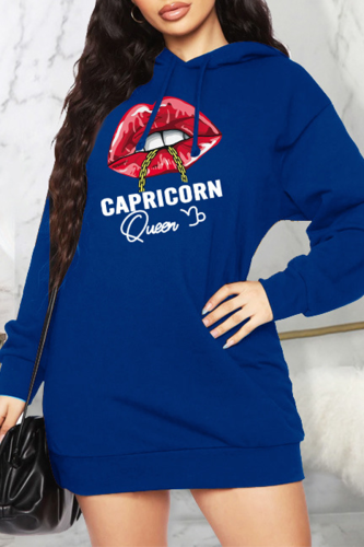 Blue Casual Lips Printed Patchwork Hooded Collar Straight Dresses