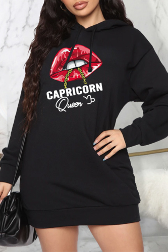 Black Casual Lips Printed Patchwork Hooded Collar Straight Dresses