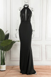 Zwarte sexy effen patchwork backless halter lange jurkjurken