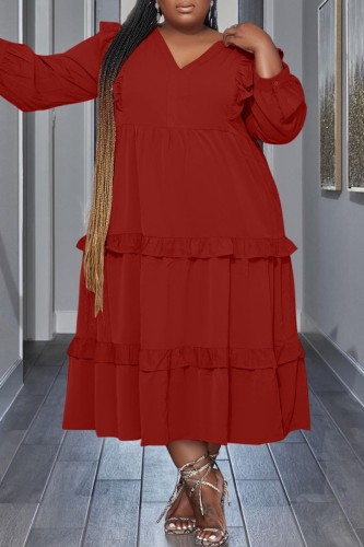 Red Casual Solid Patchwork V Neck Long Sleeve Plus Size Dresses