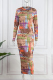 Multicolor Casual Print Basic O Neck Long Sleeve Dresses