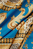 Vestidos de manga comprida com estampa de patchwork azul profundo e sexy com fenda e decote em v