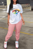 Weiße lässige Street Eyes bedruckte Patchwork-T-Shirts mit O-Ausschnitt