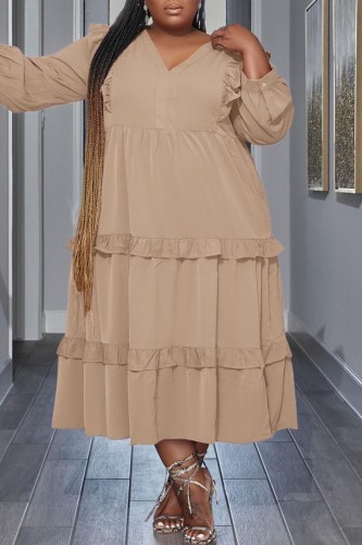 Apricot Casual Solid Patchwork V Neck Long Sleeve Plus Size Dresses