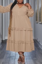 Vestidos de damasco casual sólido patchwork manga longa com decote em V vestidos tamanho grande