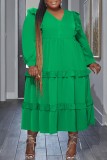 Армейский зеленый повседневный сплошной пэчворк V-образным вырезом с длинным рукавом Платья больших размеров